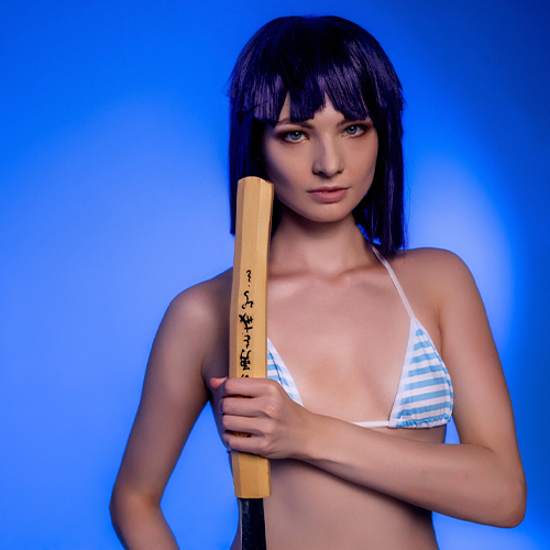 Akatsuki from Log Horizon stands with a sword held firmly in front of her, wearing a determined expression. Her blue and white bikini matches the cool-toned lighting, enhancing the calm but intense mood of the scene.