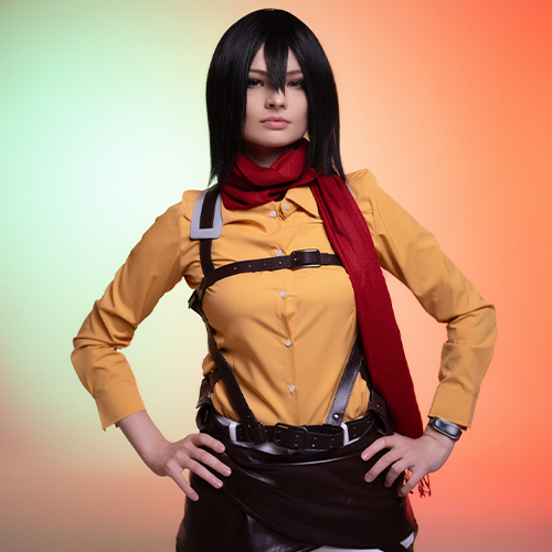 Confident portrayal of Mikasa Ackerman from Attack on Titan, standing strong in her Survey Corps uniform with a determined expression, set against a glowing, gradient background