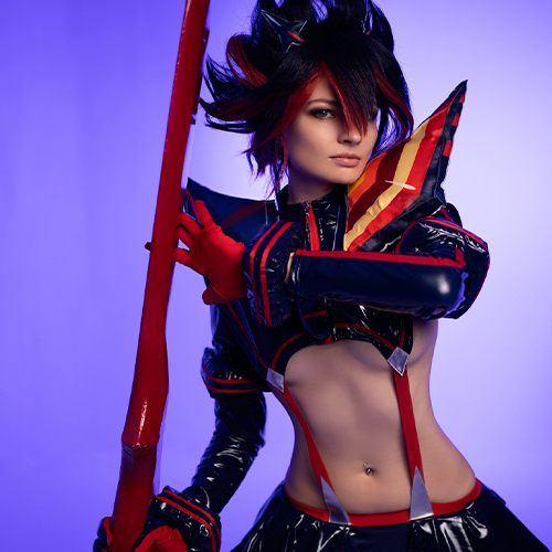 A fierce portrayal of Ryuko Matoi from Kill la Kill, holding her signature scissor blade in a battle-ready stance. The vivid red and black latex outfit stands out against the cool blue background, highlighting the intensity of the character's expression and the dynamic design of the costume