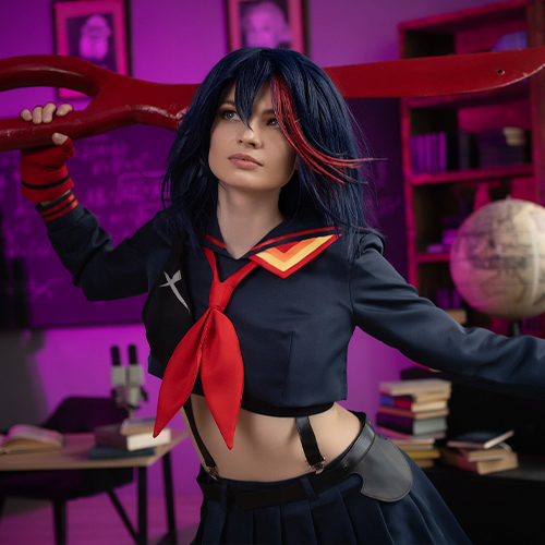 Close-up Ryuko Matoi cosplay in a dynamic classroom setting, holding her signature red scissor blade over her shoulder with a determined expression. The cosplayer’s blue and red-accented sailor uniform stands out against the purple-lit background, featuring classroom elements like a globe, bookshelves, and a chalkboard, adding depth to the intense atmosphere