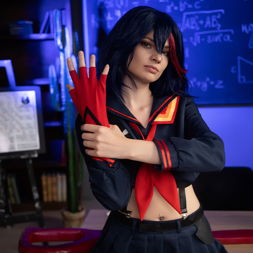 Ryuko Matoi cosplay in a classroom setting, adjusting her signature red fingerless glove with an intense expression. Her iconic blue and red-trimmed school uniform contrasts with the background, featuring a chalkboard filled with complex equations and classroom elements in dim blue lighting, adding a dramatic atmosphere