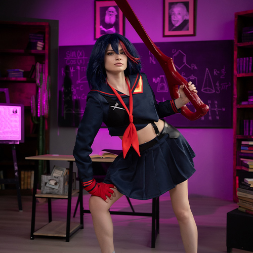 Ryuko Matoi cosplay character confidently holding a red scissor blade in a ready stance, dressed in a navy school uniform with a red necktie. The setting is a classroom with chalkboards covered in scientific formulas, illuminated by a purple hue that intensifies the scene's energy and Ryuko's determined expression