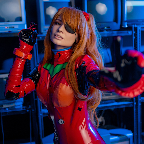 Asuka Langley Soryu cosplay inspired by Neon Genesis Evangelion, featuring a stunning recreation of her iconic red plugsuit. The design is accentuated by intricate green and orange accents, perfectly capturing the essence of this fiery and confident EVA pilot. The eye patch adds an extra layer of character depth, reflecting her tenacity and resilience. With a retro backdrop of old CRT monitors, this cosplay embodies the futuristic yet nostalgic themes of the anime. The dynamic pose and vibrant colors make this portrayal a striking representation of Asuka's bold personality and unforgettable presence.