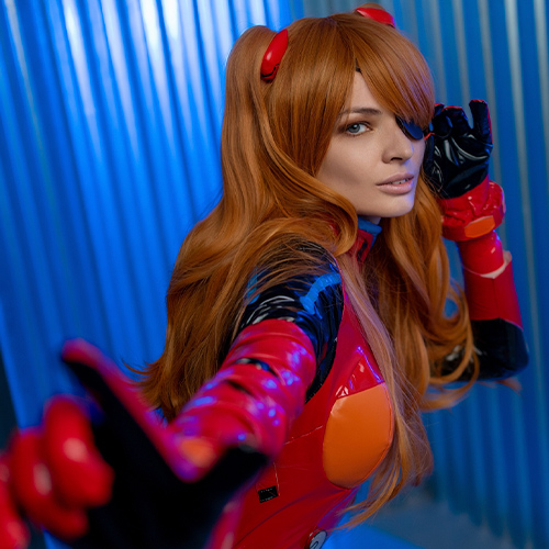 Asuka Langley Soryu cosplay from Neon Genesis Evangelion, showcasing her bold red plugsuit with dynamic orange and green highlights. This depiction emphasizes Asuka's fierce and determined personality, brought to life with her signature eye patch and vibrant red hair styled in iconic twin tails. The striking pose against a modern blue corrugated background adds depth and intensity, reflecting the futuristic yet emotional essence of Evangelion. Perfectly embodying the confidence and complexity of Asuka, this cosplay is a stunning tribute to one of anime's most iconic characters.