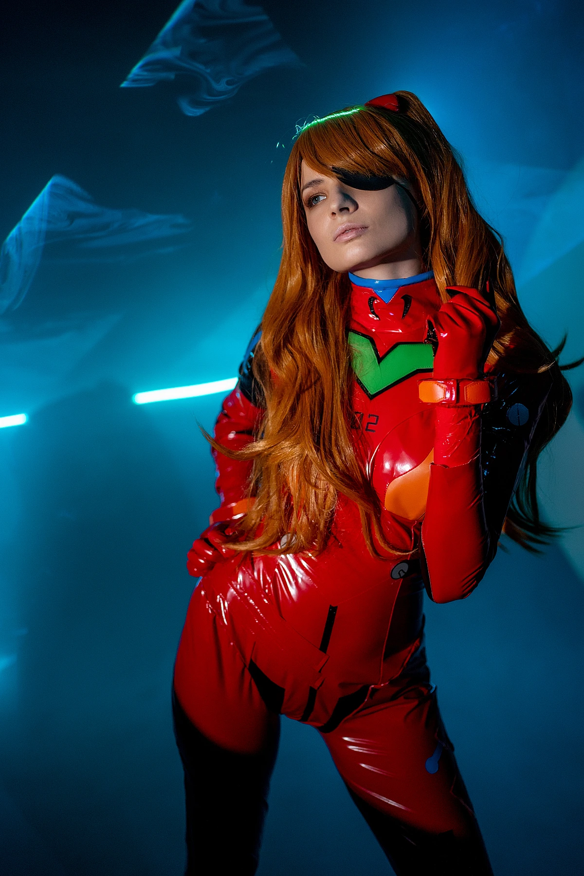 Artistic Asuka Langley cosplay portrait with thin neon rim light outlining hair and shoulders, glossy red plugsuit, hand near neck, hazy dark studio