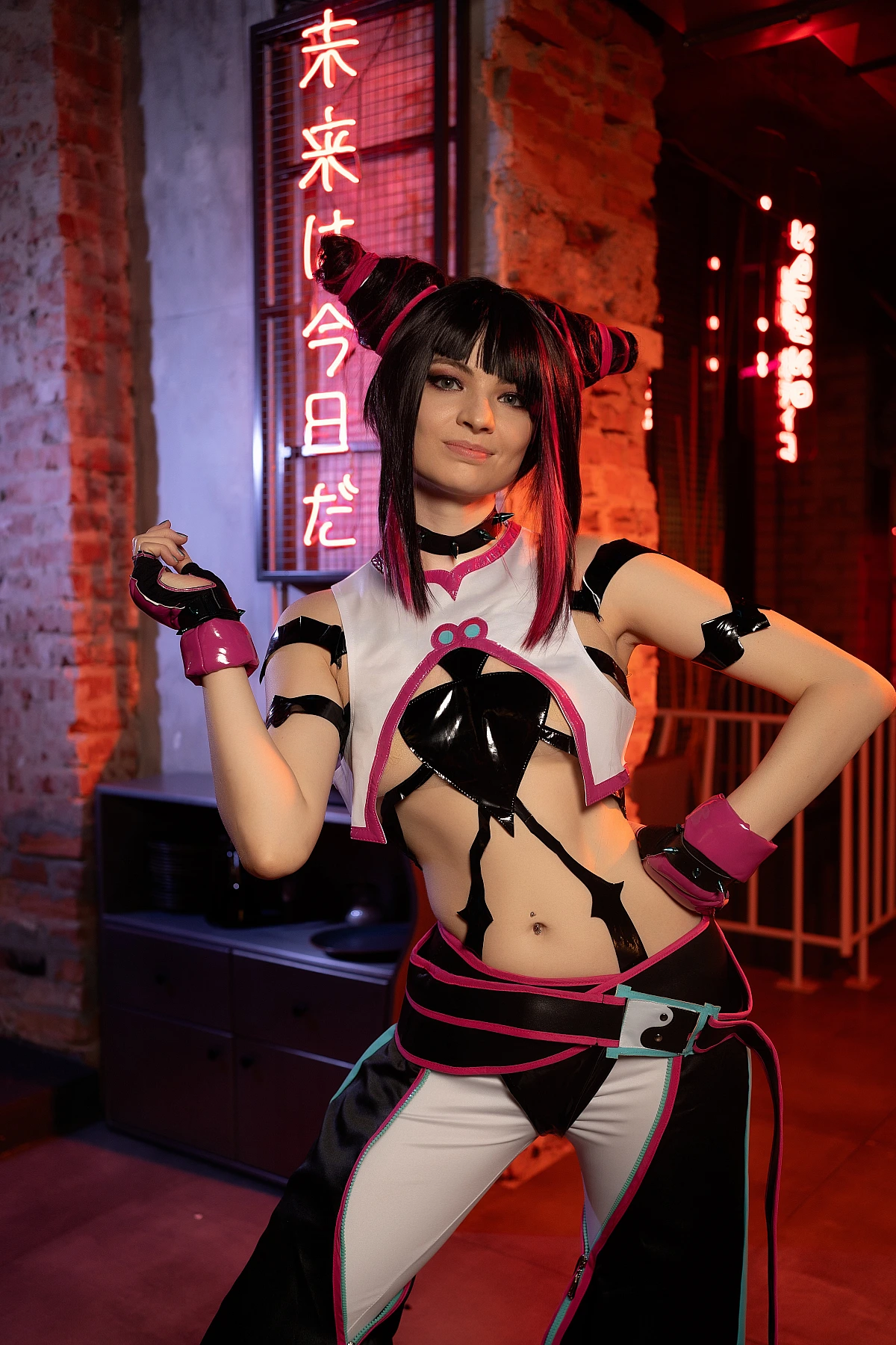 Juri Han cosplay portrait with confident smile, red neon sign background, brick wall texture, showcasing character personality