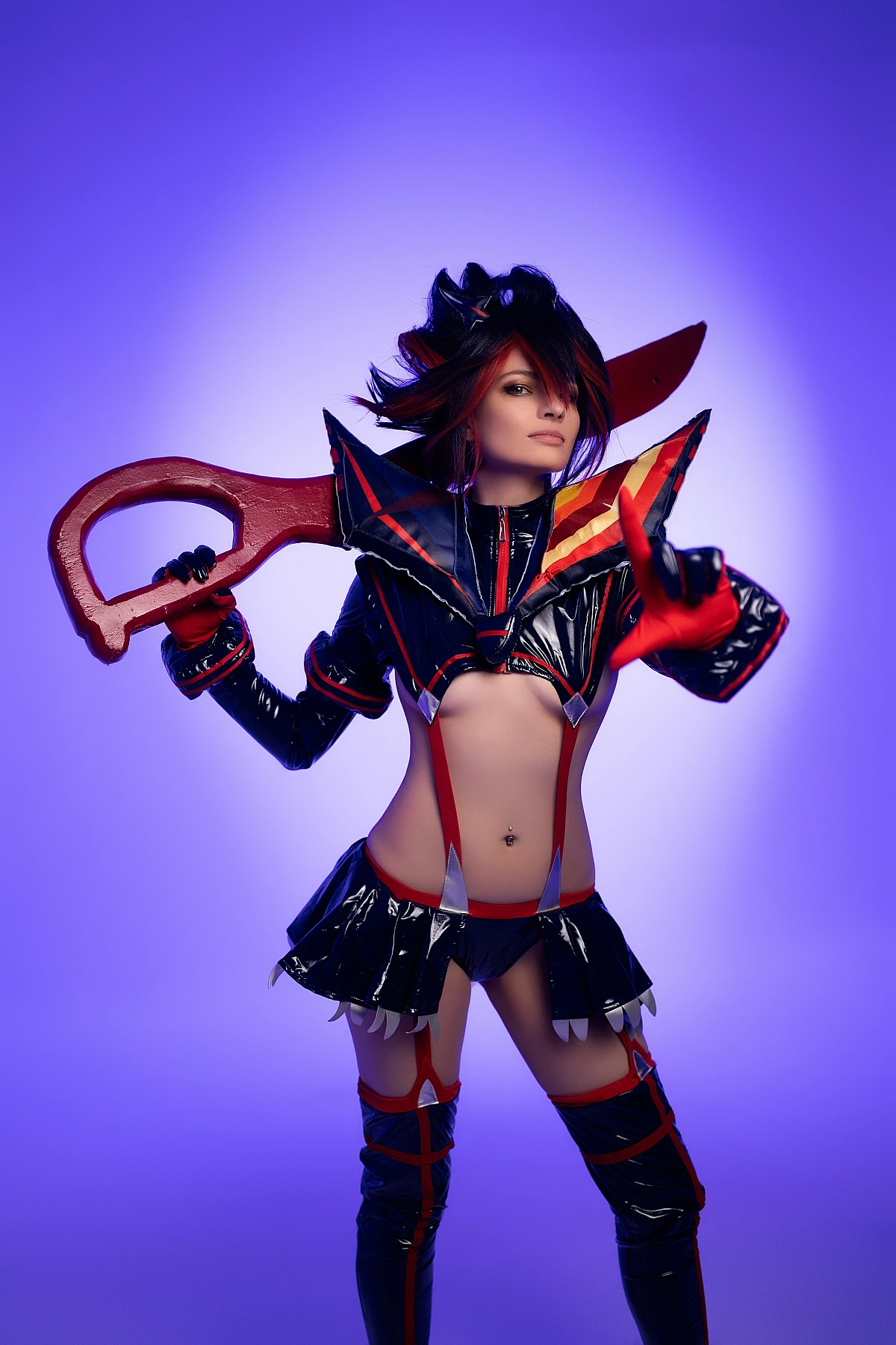 Ryuko Matoi cosplay centered composition raised scissor blade violet purple studio lighting glossy Senketsu outfit Kill la Kill