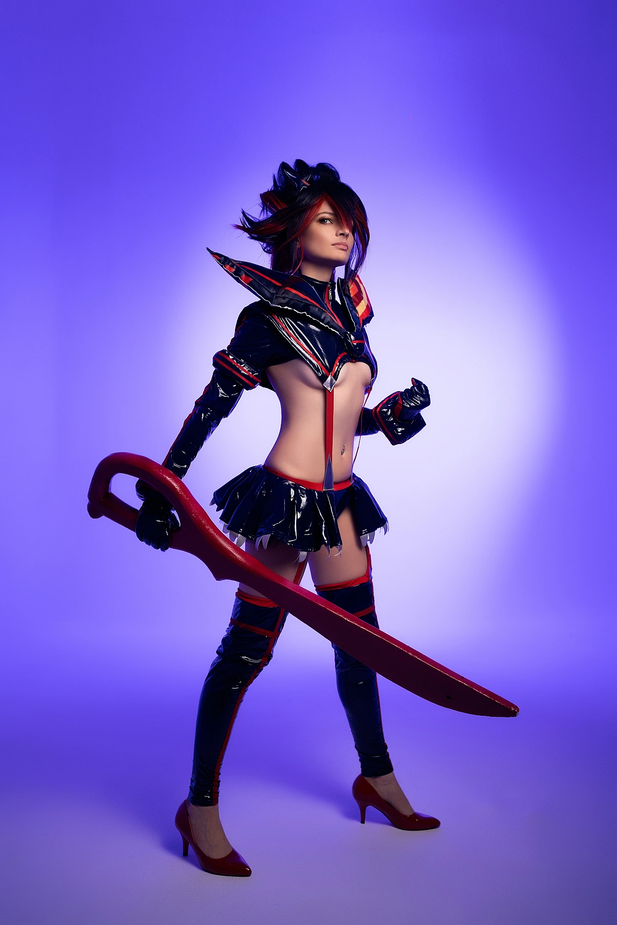Ryuko Matoi cosplay full body standing portrait violet gradient studio lowered scissor blade glossy Senketsu costume Kill la Kill
