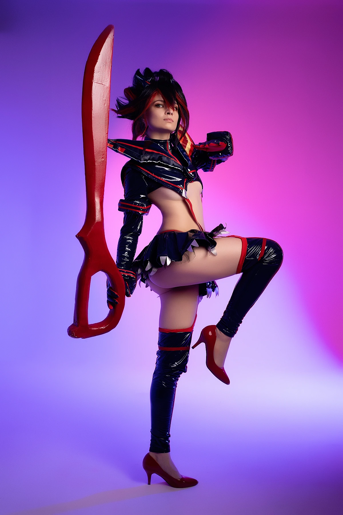 Ryuko Matoi cosplay high kick pose wetlook latex Senketsu shine scissor blade grip purple neon studio background Kill la Kill