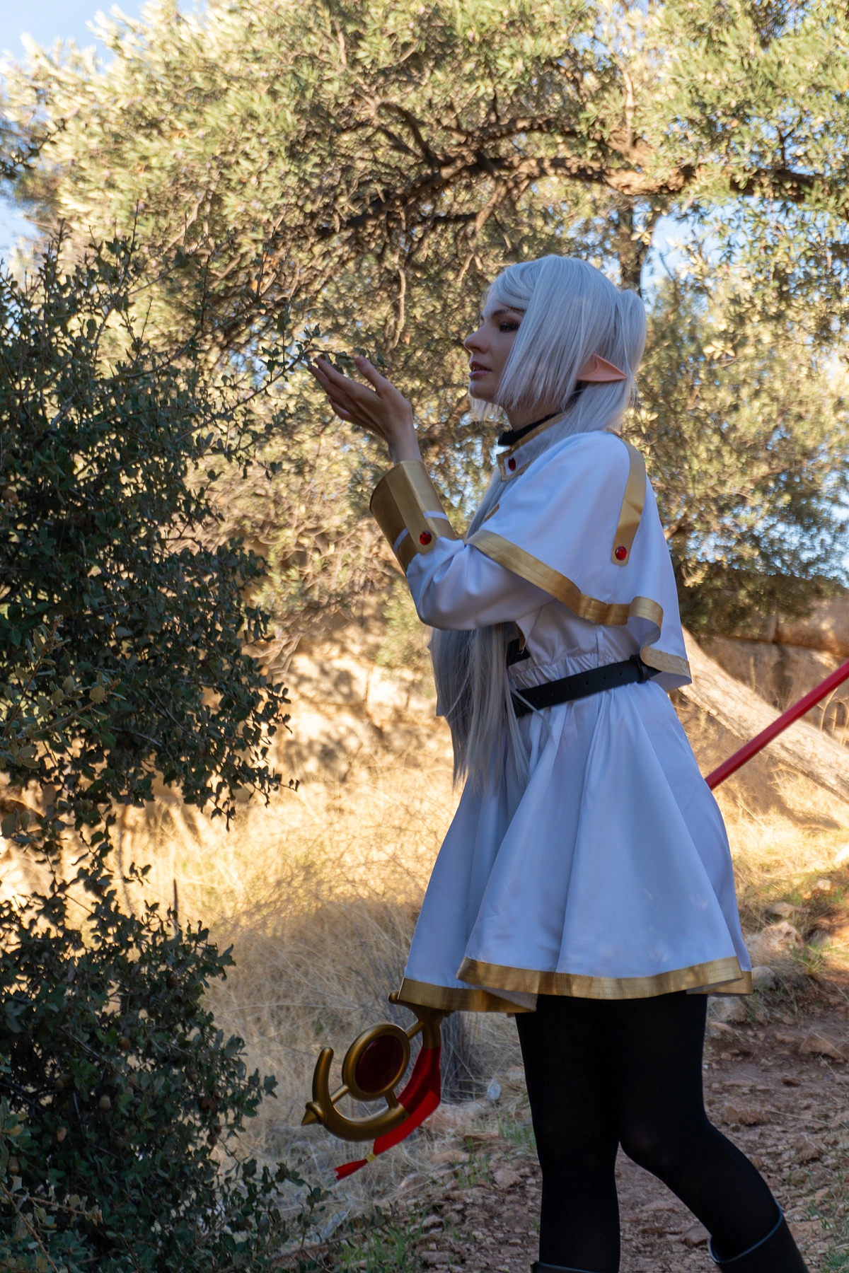 Frieren cosplay profile pose hands raised toward leaves silver hair elf ears white gold mage dress forest light staff behind