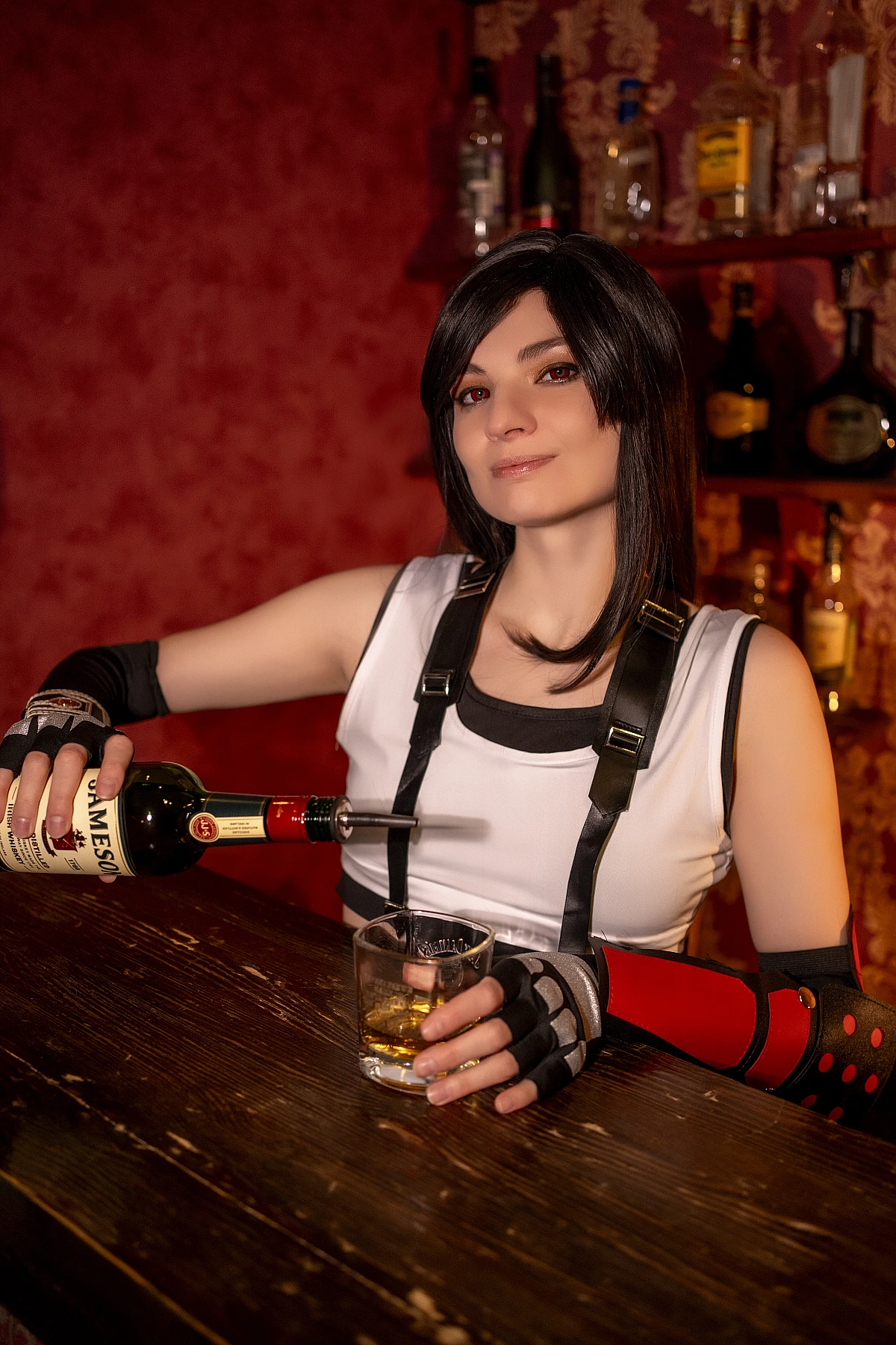 Tifa Lockhart bartender cosplay unique creative interpretation, pouring drink action, FF7 7th Heaven bar counter, warm cinematic lighting