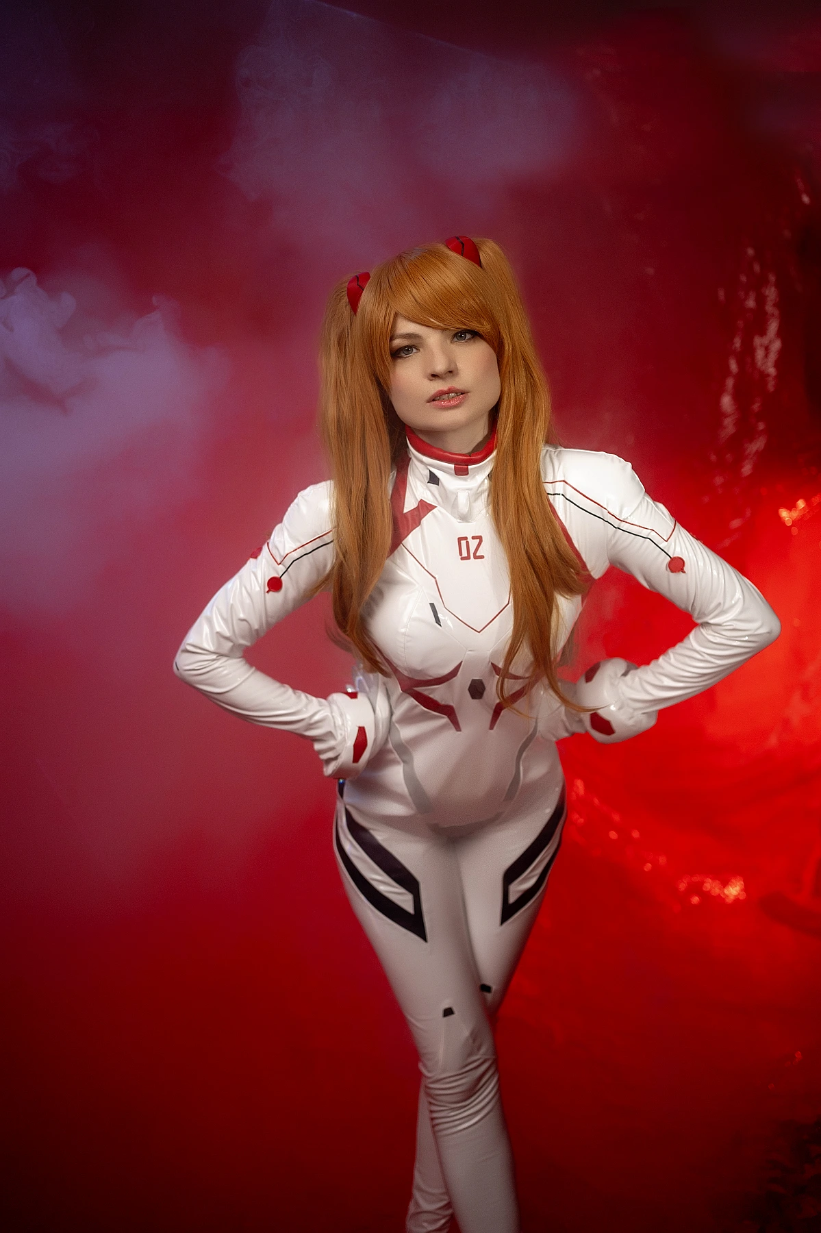 Asuka Langley Cosplay — White Rebuild Plugsuit Hands on Hips Power Stance, White Smoke Swirling Around Figure, Deep Red Glowing Background