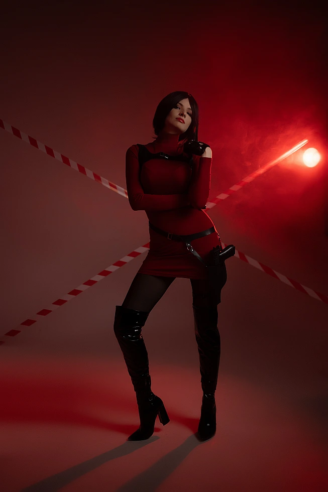 Ada Wong cosplay full body crossed arms red dress thigh-high boots red backlight smoke silhouette