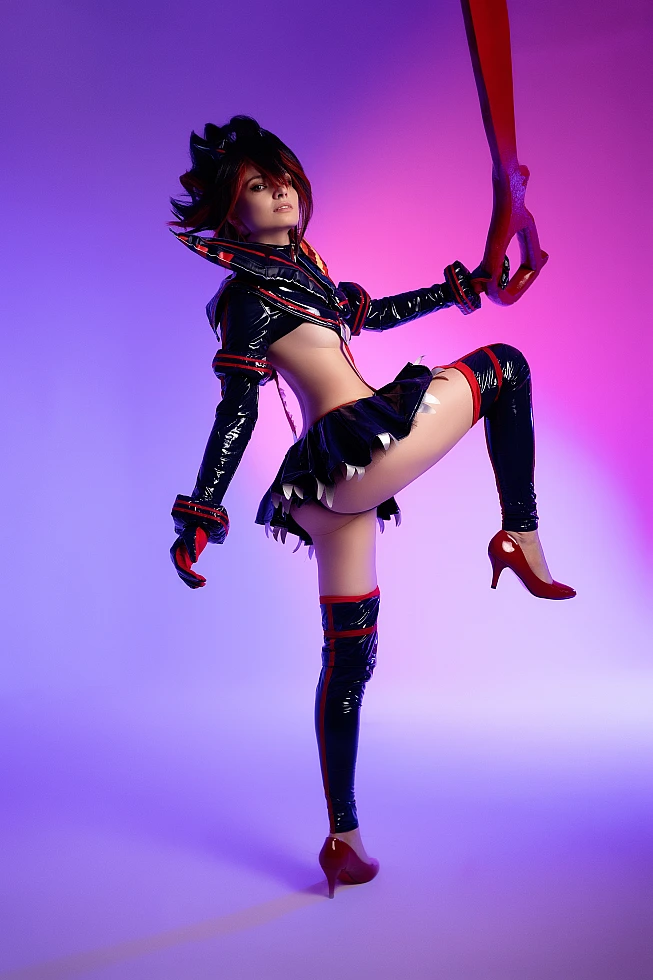 Ryuko Matoi cosplay diagonal pose lifted leg raised scissor blade neon violet pink studio gradient Senketsu silhouette Kill la Kill