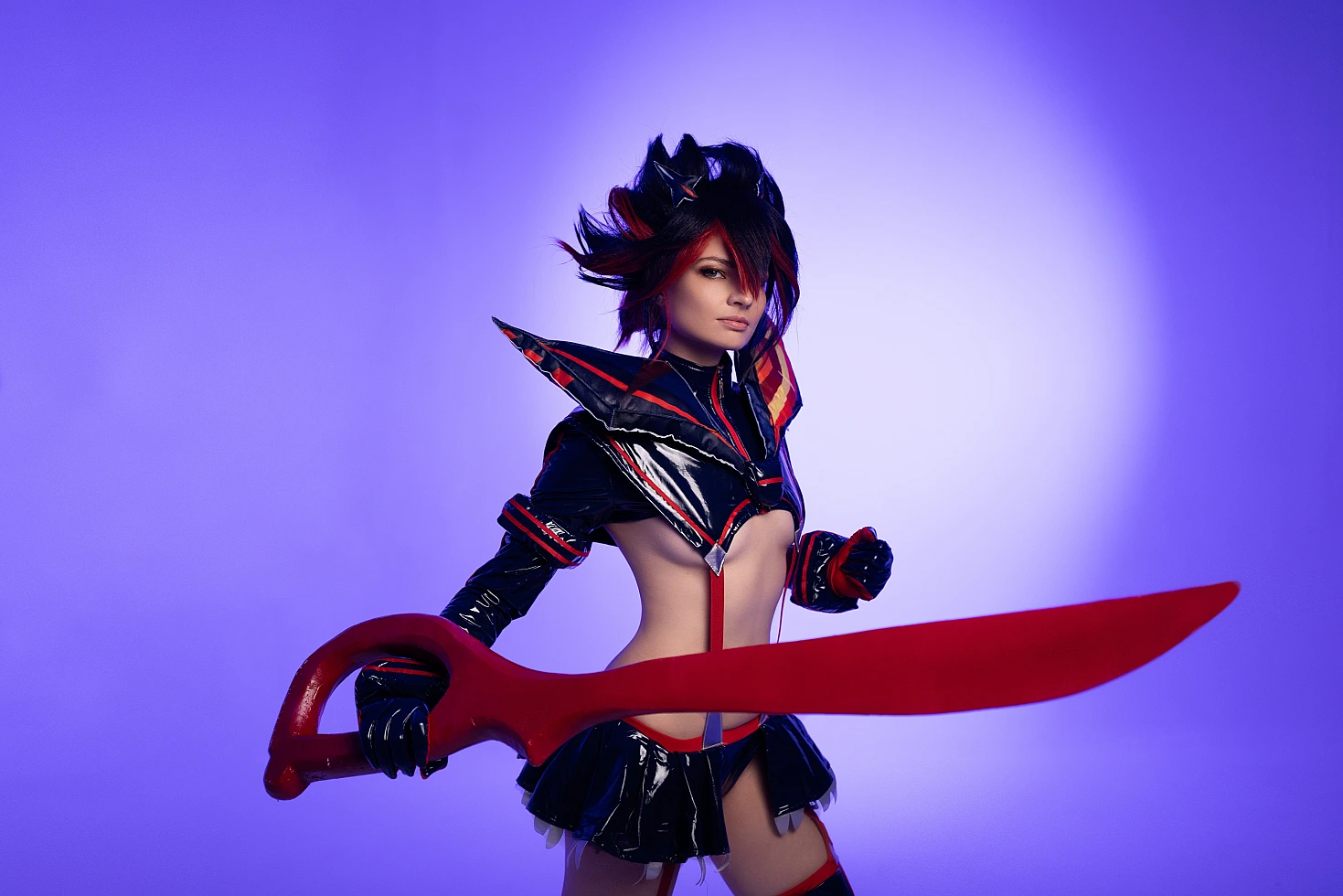 Ryuko Matoi cosplay forward stance horizontal scissor blade cool violet studio background glossy Senketsu outfit focused Kill la Kill