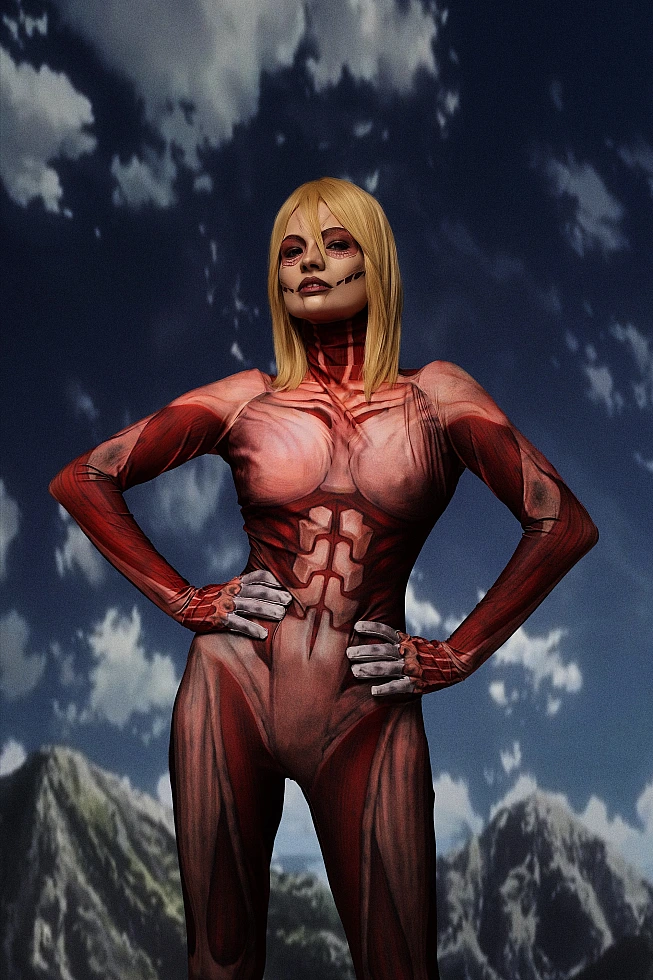 Female Titan cosplay full body power stance, Annie Leonhart AOT cosplay, anatomical muscle bodysuit, outdoor mountain backdrop