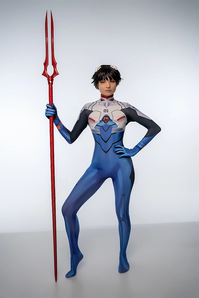 Shinji Ikari cosplay full body with Lance of Longinus spear, blue Evangelion plugsuit, anime cosplay photoshoot, studio lighting