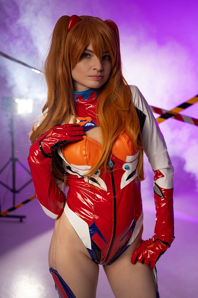 Asuka intense close-up cosplay with sweat-gloss sheen in latex plugsuit purple haze