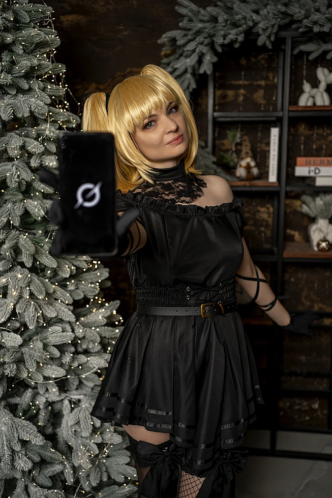 Cute Ani cosplay selfie, warm fairy lights bokeh, lace choker, black dress, soft makeup, intimate portrait