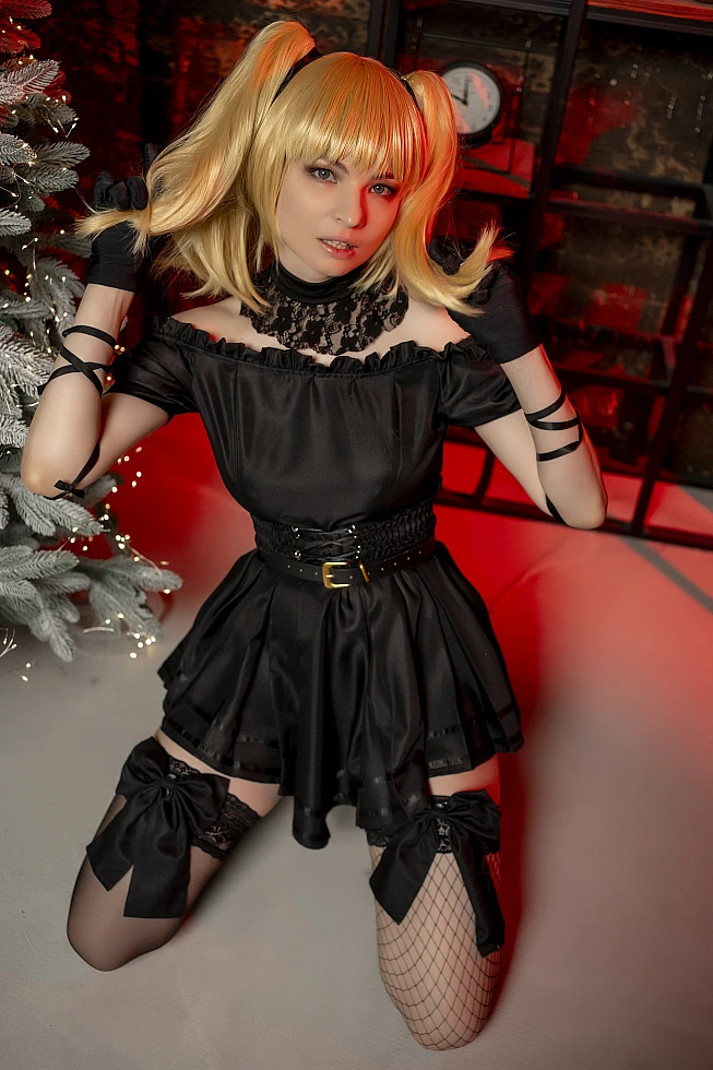 Hot Ani cosplay kneeling pose, hands in hair, black dress, fiery red glow, lace details, intense gaze, sensual portrait