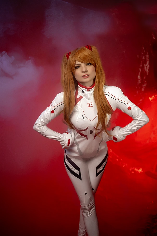 Asuka Langley Cosplay — White Rebuild Plugsuit Hands on Hips Power Stance, White Smoke Swirling Around Figure, Deep Red Glowing Background
